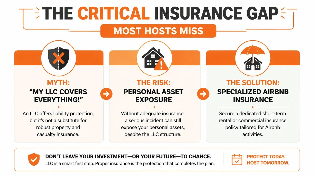 An infographic explaining why LLCs do not provide full protection for Airbnb hosts against liability risks.