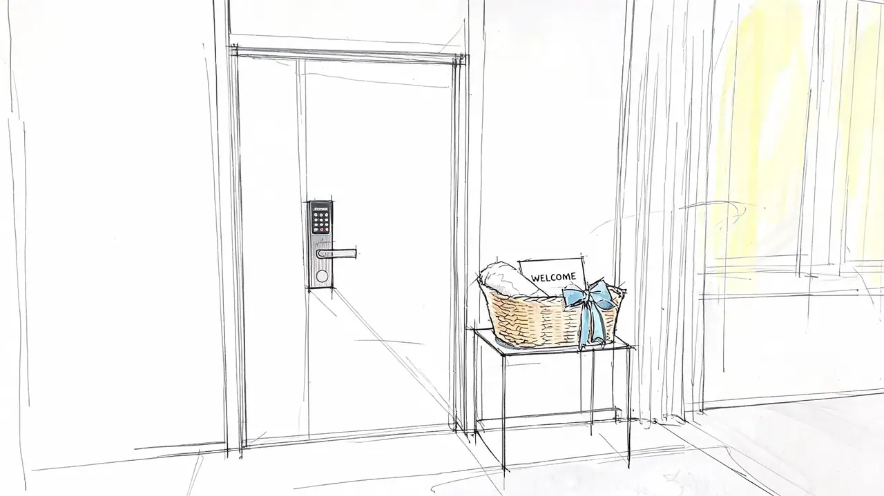 A simple line drawing of an apartment door with a digital lock and a welcome basket.