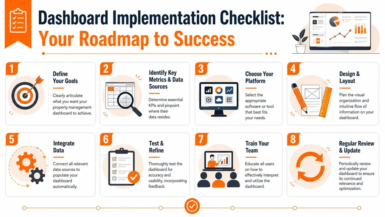 An infographic titled Dashboard Implementation Checklist outlining an eight-step roadmap for building a successful property management dashboard.
