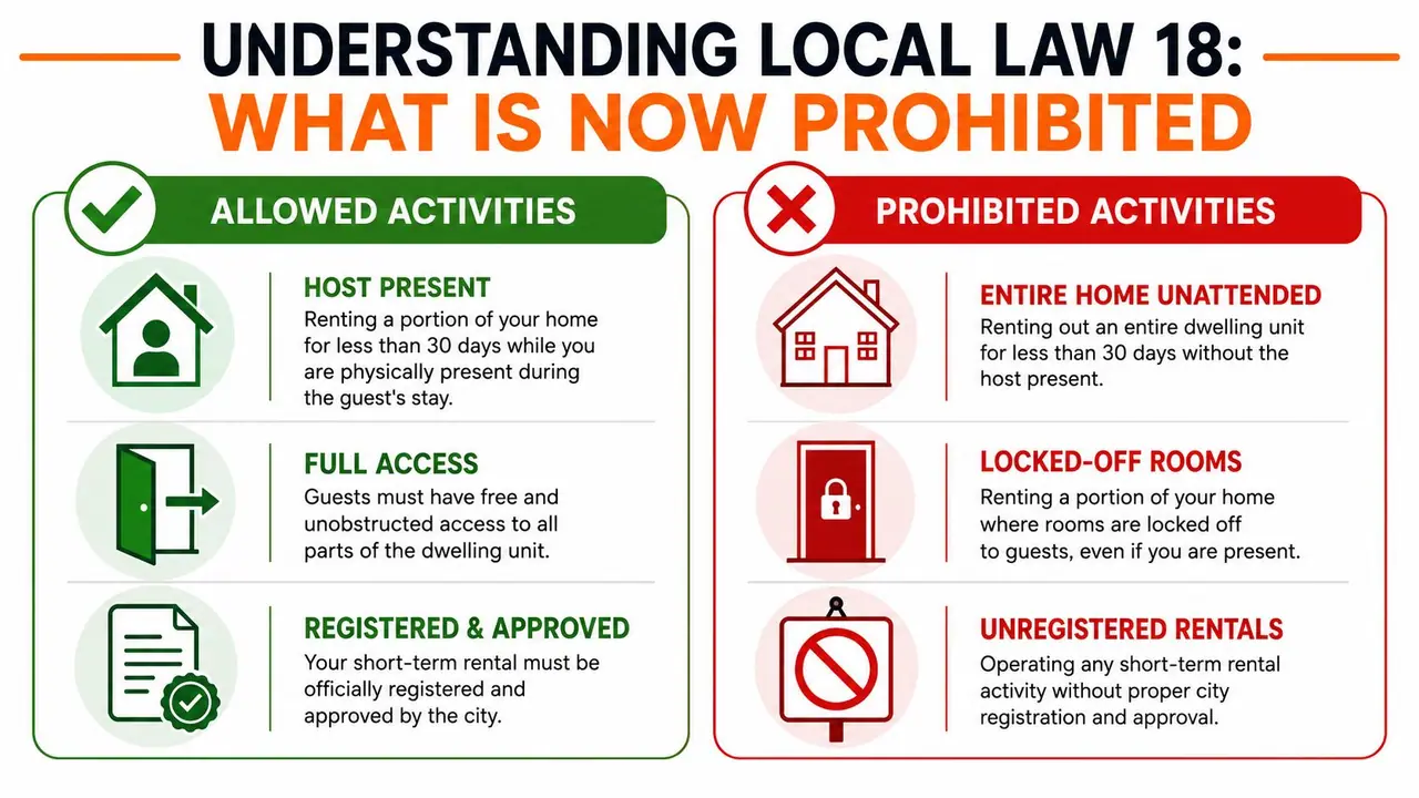 An infographic titled Understanding Local Law 18 detailing allowed versus prohibited short-term rental activities in New York City.