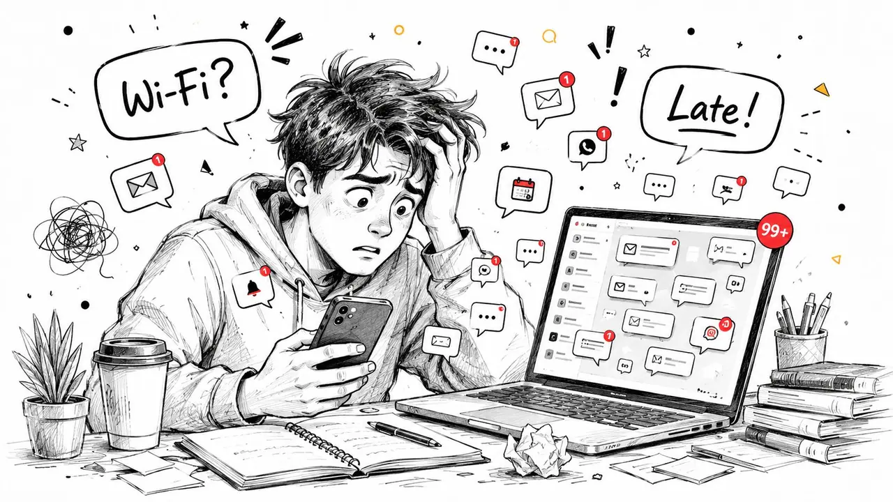 A stressed student looking at his smartphone and laptop screen, overwhelmed by numerous digital notifications and messages.