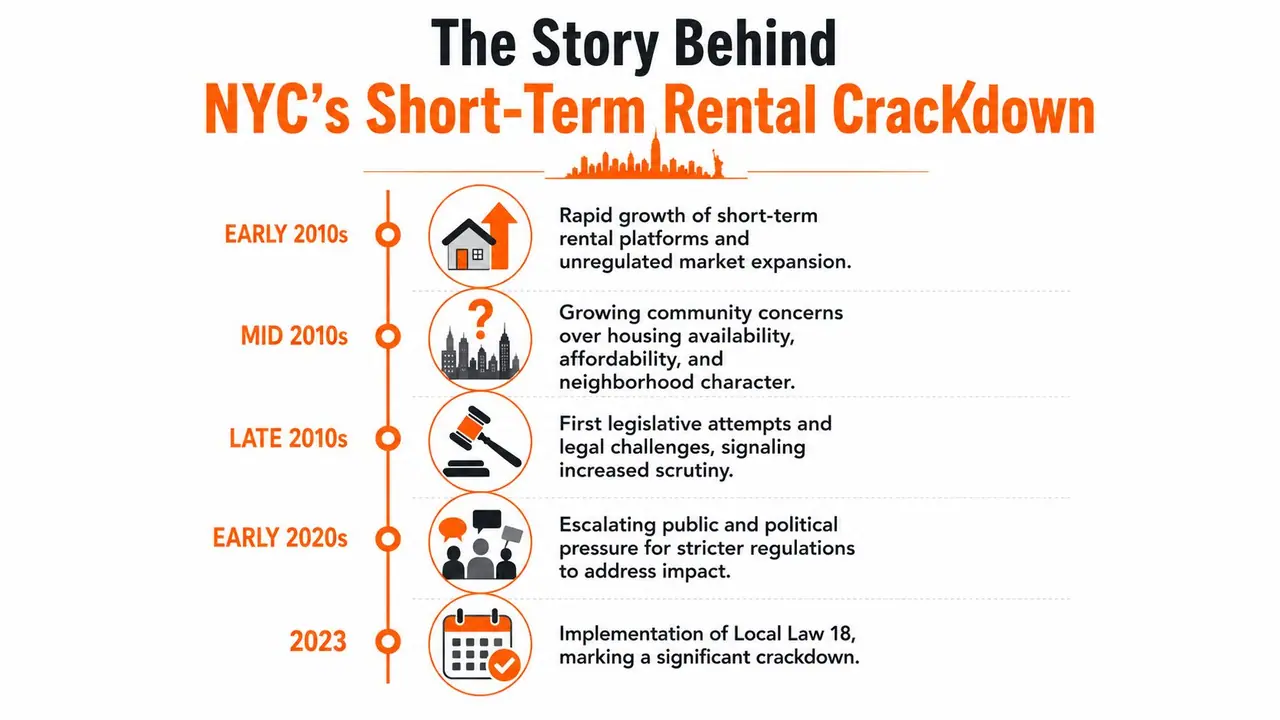 A timeline graphic showing the history of NYC short-term rental regulations leading to the 2023 crackdown.