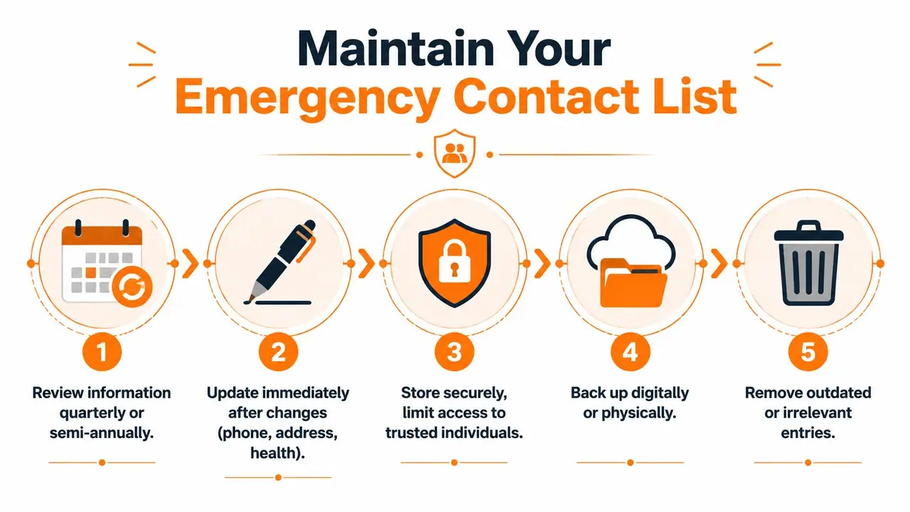 A five-step infographic guide on how to properly maintain and update your personal emergency contact information list.