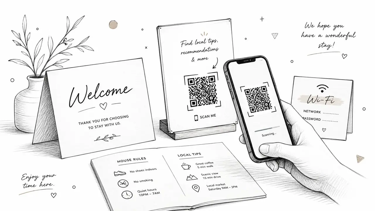 An illustration of a welcome kit for guests including signs with QR codes, Wi-Fi info, and house rules.