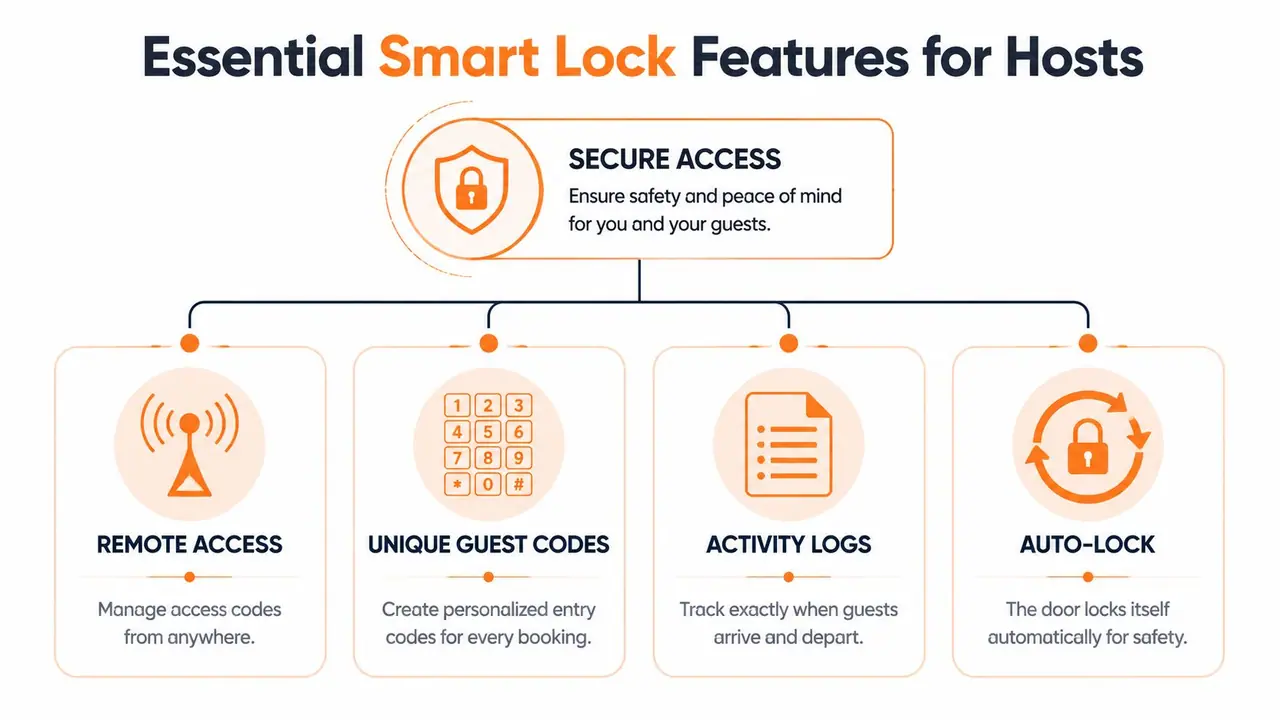 A diagram illustrating four essential features of smart locks for Airbnb hosts including remote access and auto-lock.