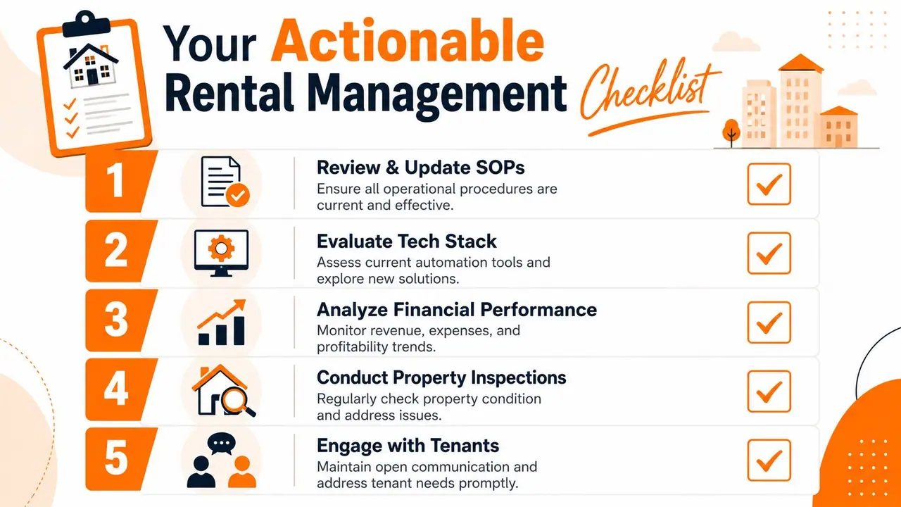 A five-step checklist for rental management tasks, including SOP updates, tech evaluation, financials, inspections, and tenant communication.