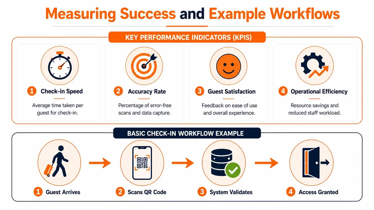 An infographic showing key performance indicators and a step-by-step guest check-in process using QR codes.