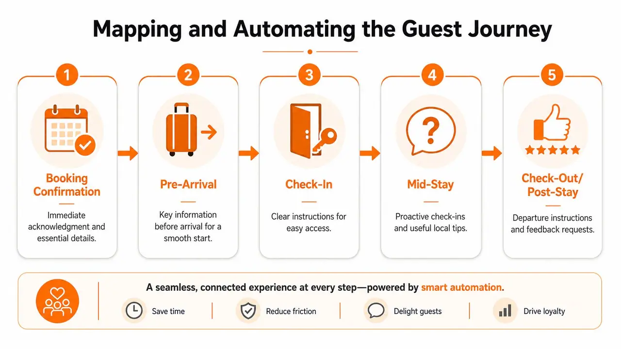 An infographic showing five steps to automate the guest journey from booking confirmation to post-stay feedback.