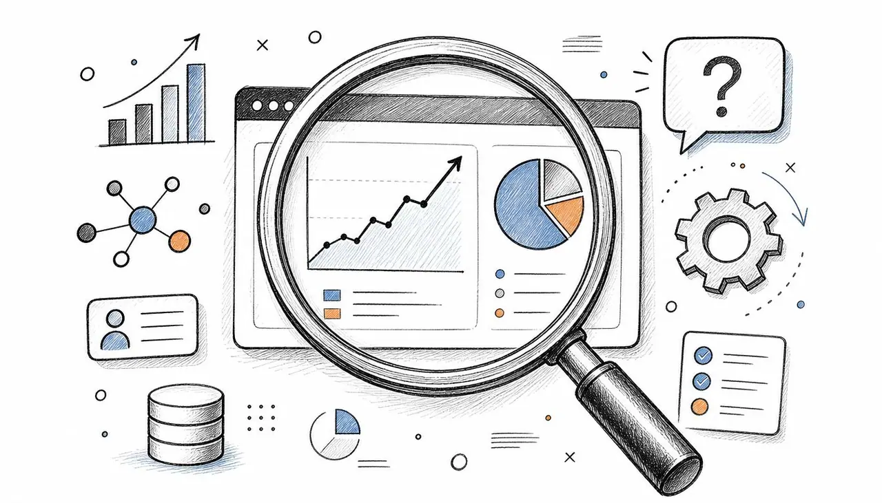 A hand-drawn illustration showing a magnifying glass over a dashboard with charts, graphs, and data analytics icons.