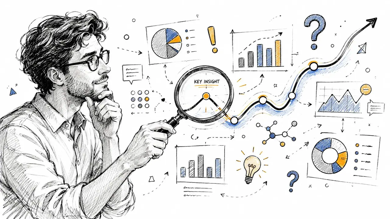 A professional man with glasses analyzes business data charts and graphs using a magnifying glass.