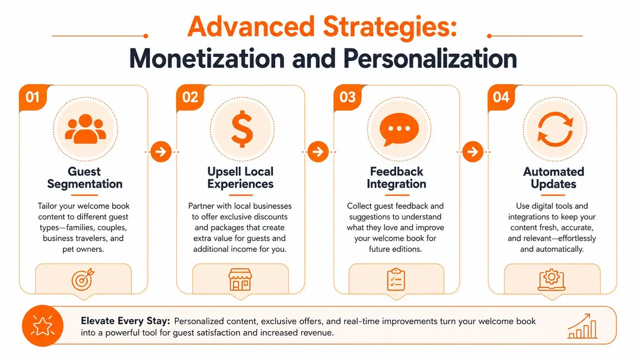 An infographic detailing four advanced strategies for monetizing and personalizing a vacation rental guest welcome booklet.