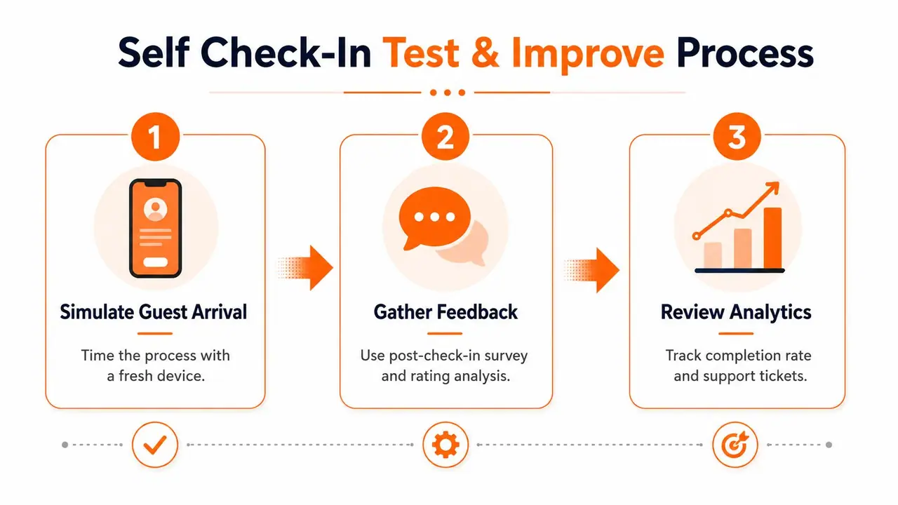 Un'infografica in tre passaggi su come testare e migliorare un sistema di self-check-in.