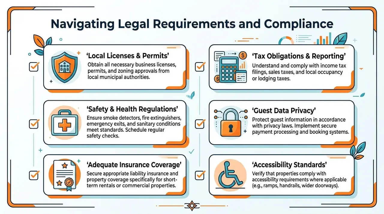 An infographic titled Navigating Legal Requirements and Compliance for operating a vacation rental property business successfully.