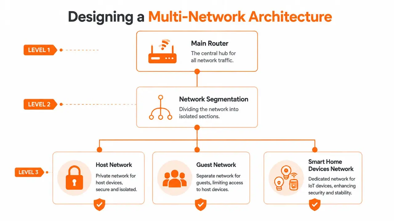 A diagram illustrating a multi-network architecture with a main router, network segmentation, and three isolated sub-networks.