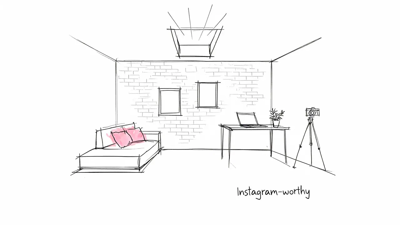 A minimalist sketch of a room featuring a comfortable sofa, desk, and camera on a tripod.
