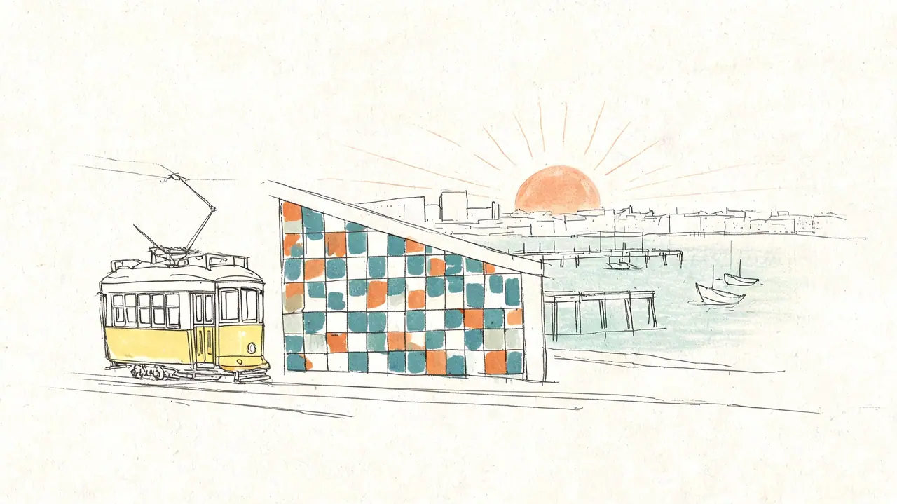 An artistic sketch of a yellow tram parked next to a modern tiled building by the harbor.