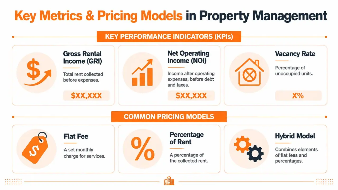Infografik zu Kennzahlen und Preismodellen in der Immobilienverwaltung.
