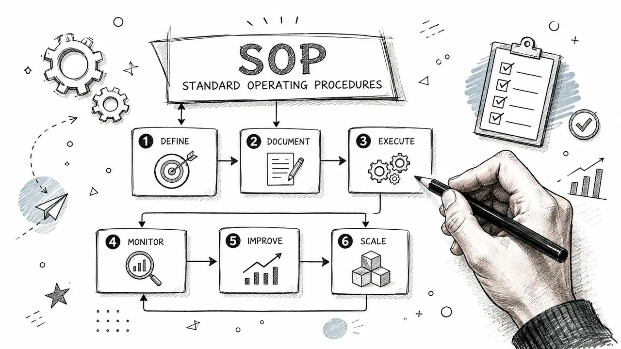 A hand-drawn illustration showing the six steps of a standard operating procedure workflow for business operations.