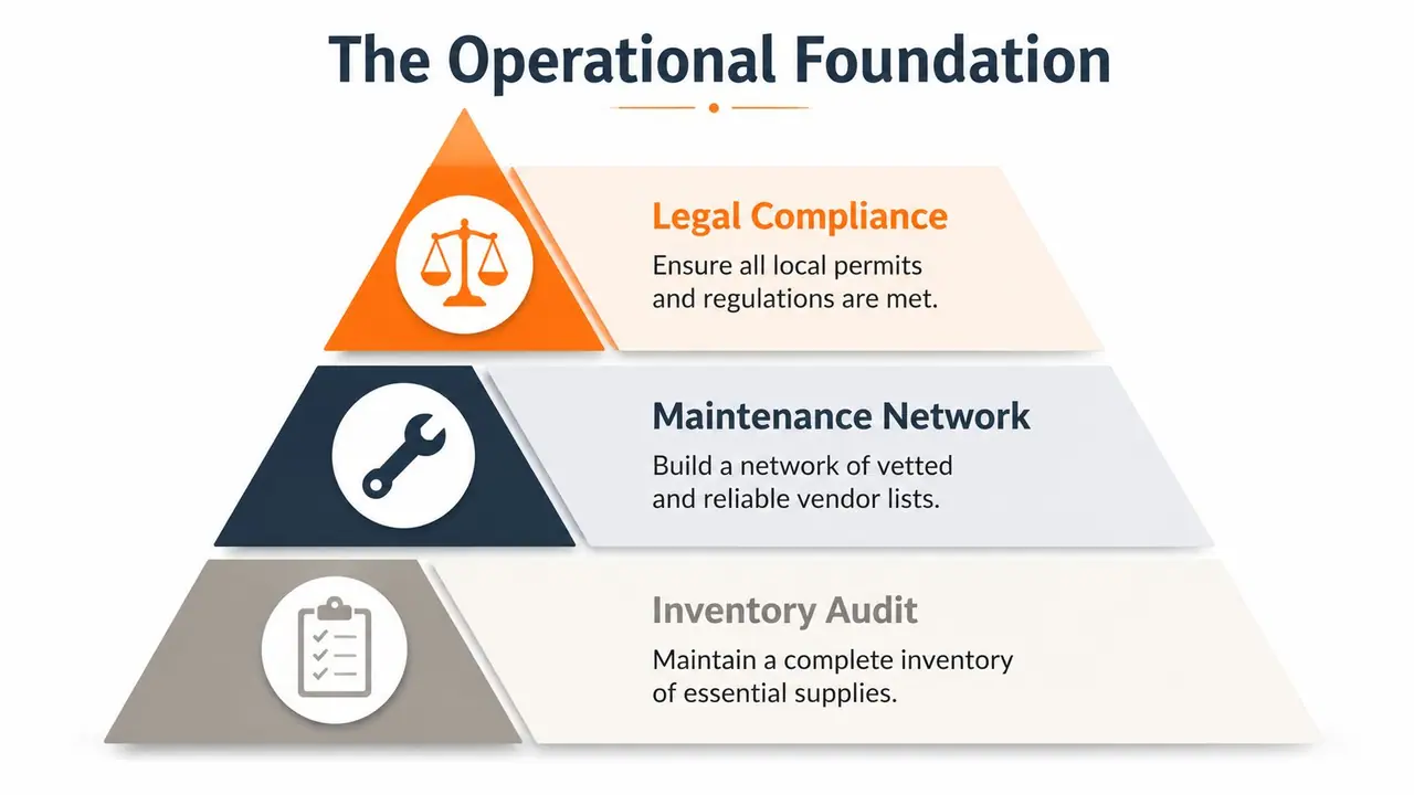 A pyramid diagram titled The Operational Foundation showing three key components: Legal Compliance, Maintenance Network, and Inventory Audit.