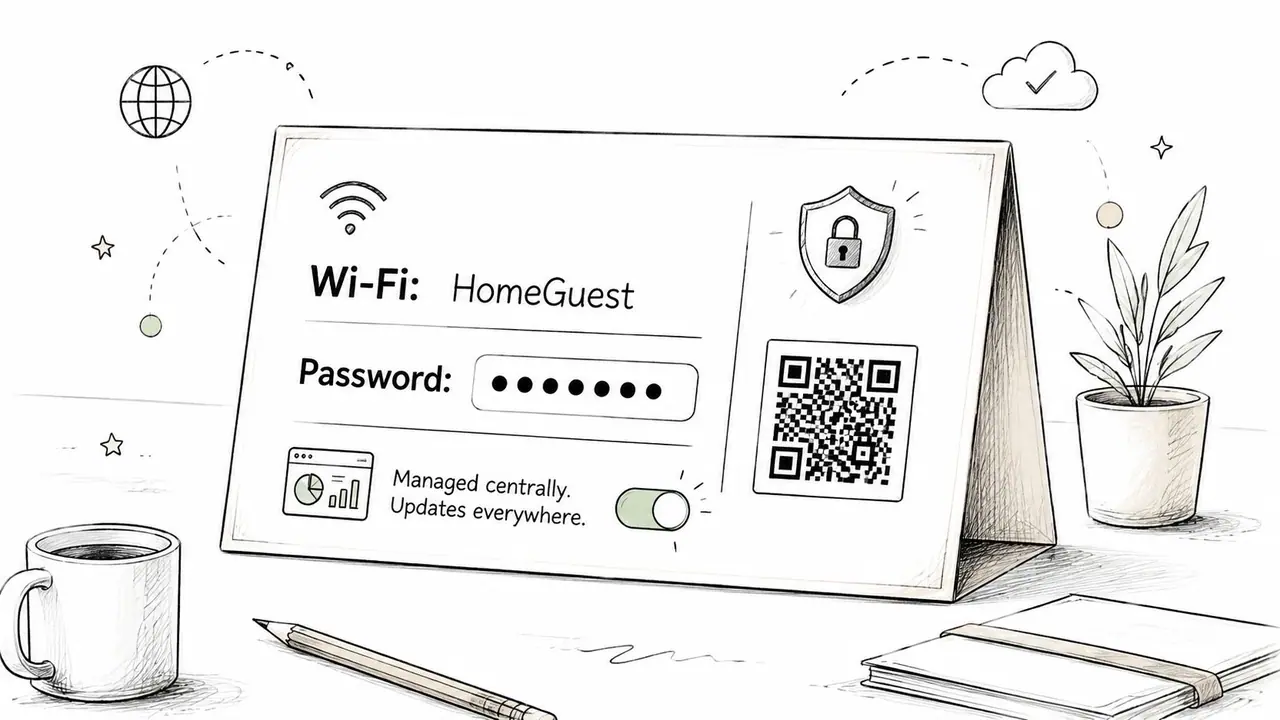 Ein handgezeichneter Schreibtisch mit WLAN-Schild, Passwort und QR-Code für Gäste.