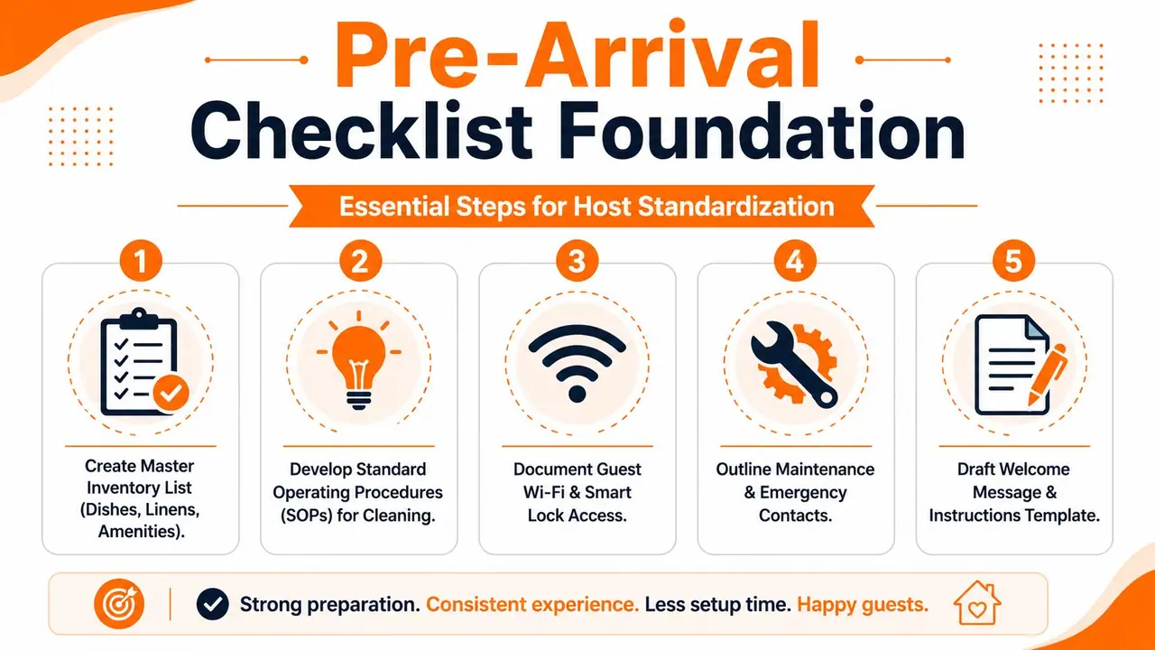 An infographic titled Pre-Arrival Checklist Foundation listing five essential steps for standardized vacation rental hosting preparation.