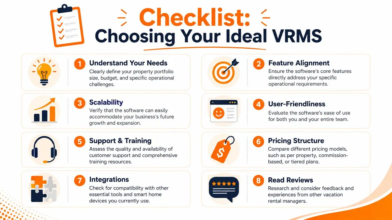 An infographic checklist for selecting the ideal vacation rental management software for property managers.