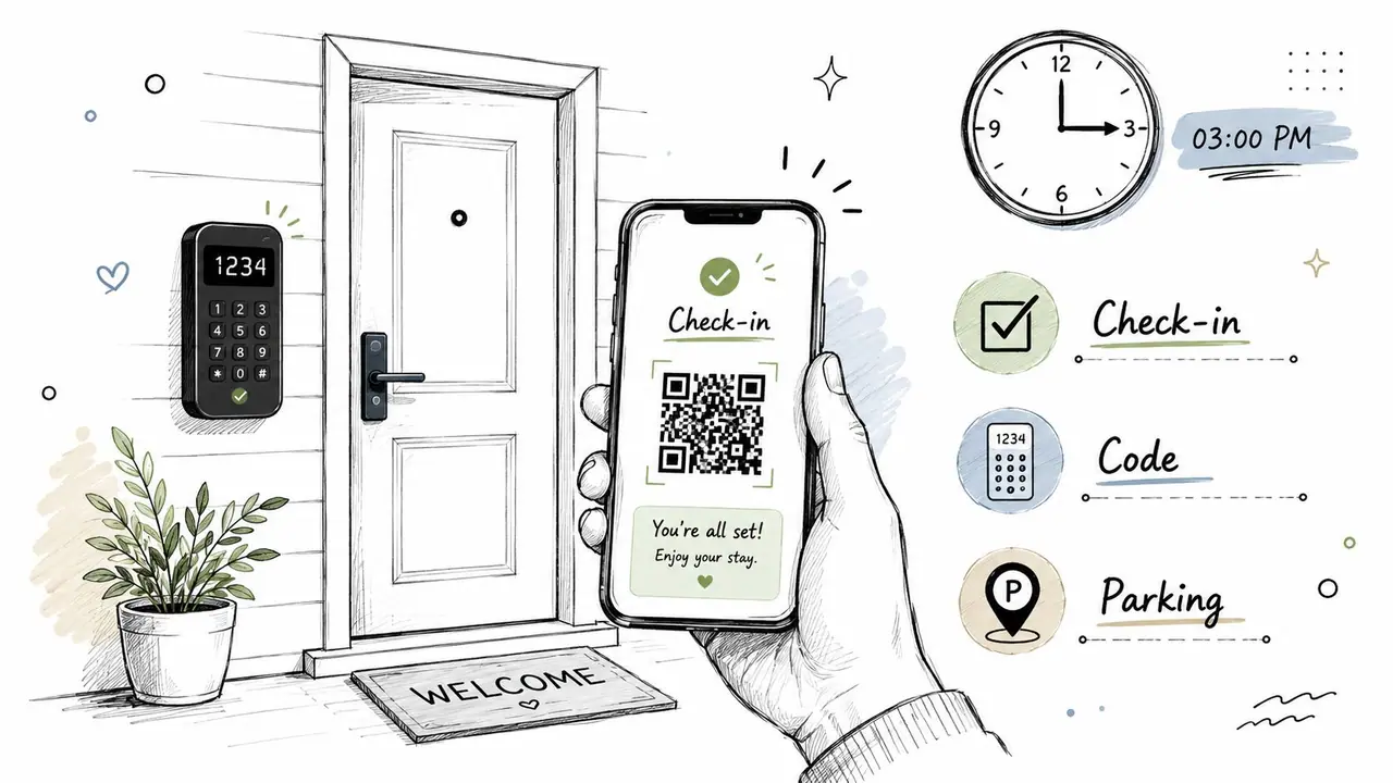 A hand holding a smartphone showing a digital check-in confirmation for a smart door access system.