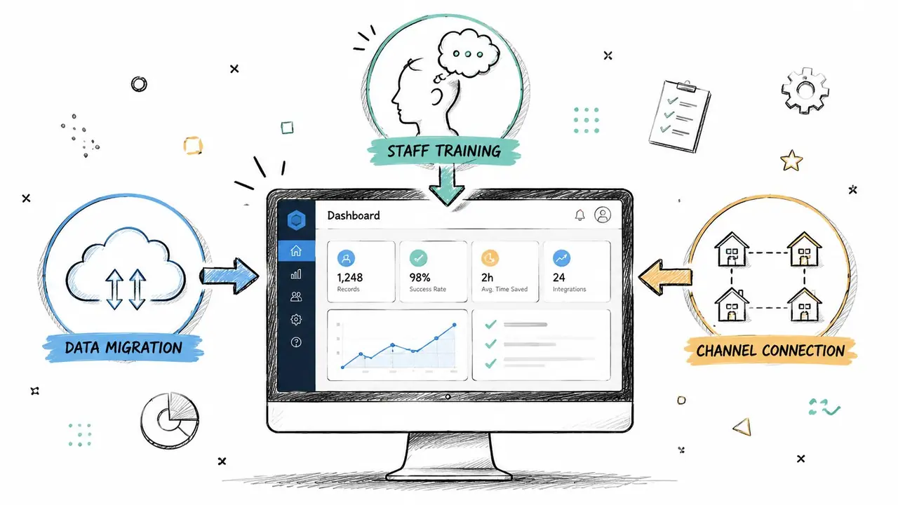 A hand-drawn illustration depicting vacation rental management software integrating data migration, staff training, and channel connection tools.