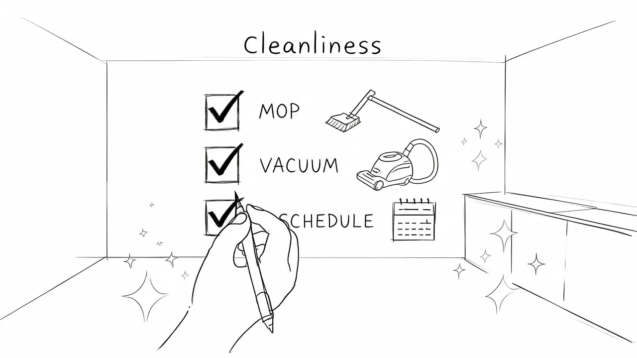 A hand drawing a checkmark next to cleanliness tasks including mopping, vacuuming, and scheduling for hosting.