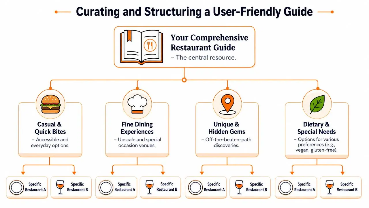 An organizational chart showing how to structure a comprehensive guide for categorizing various restaurant recommendations.