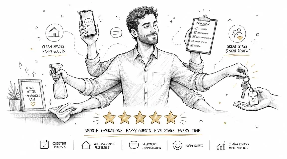 A professional property manager multitasking with cleaning, guest communication, and maintenance for five-star vacation rental success.