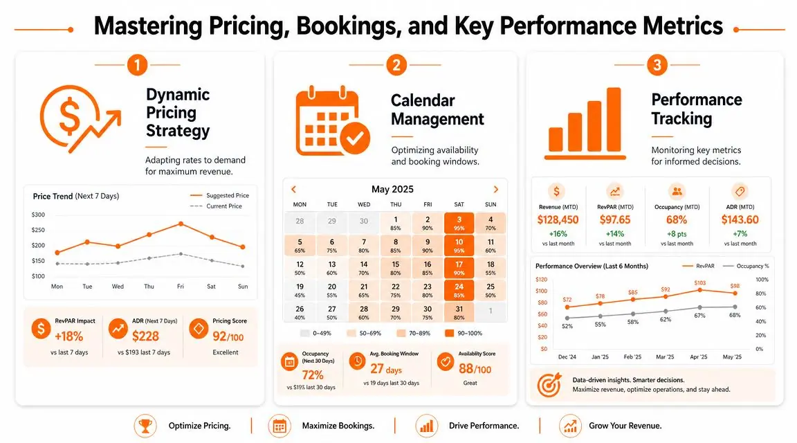 Eine Infografik, die Strategien für Preisgestaltung, Buchungsmanagement und Performance-Tracking für Ferienunterkünfte zeigt.