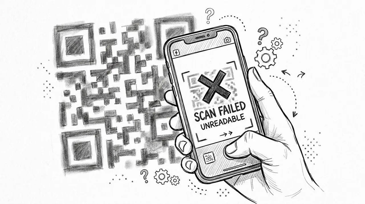 A hand holding a smartphone showing a scan failed and unreadable error message for a QR code.