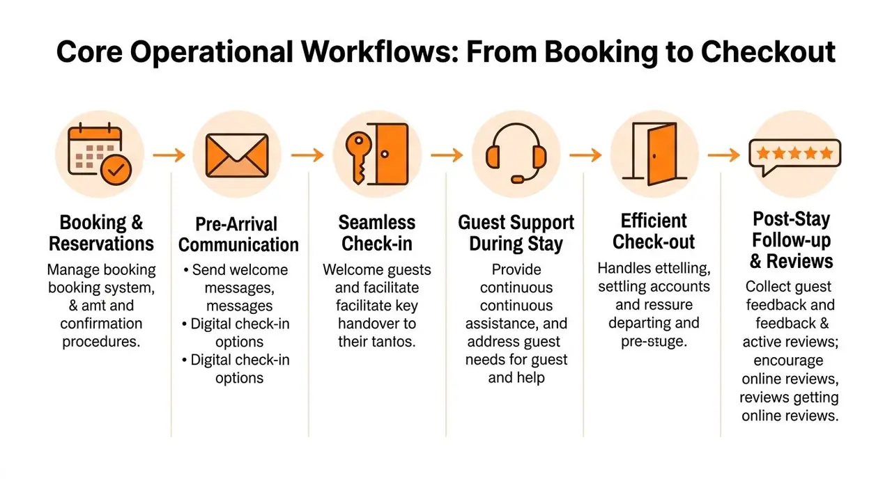 A diagram illustrating the core operational workflow for vacation rentals from initial booking to post-stay reviews.