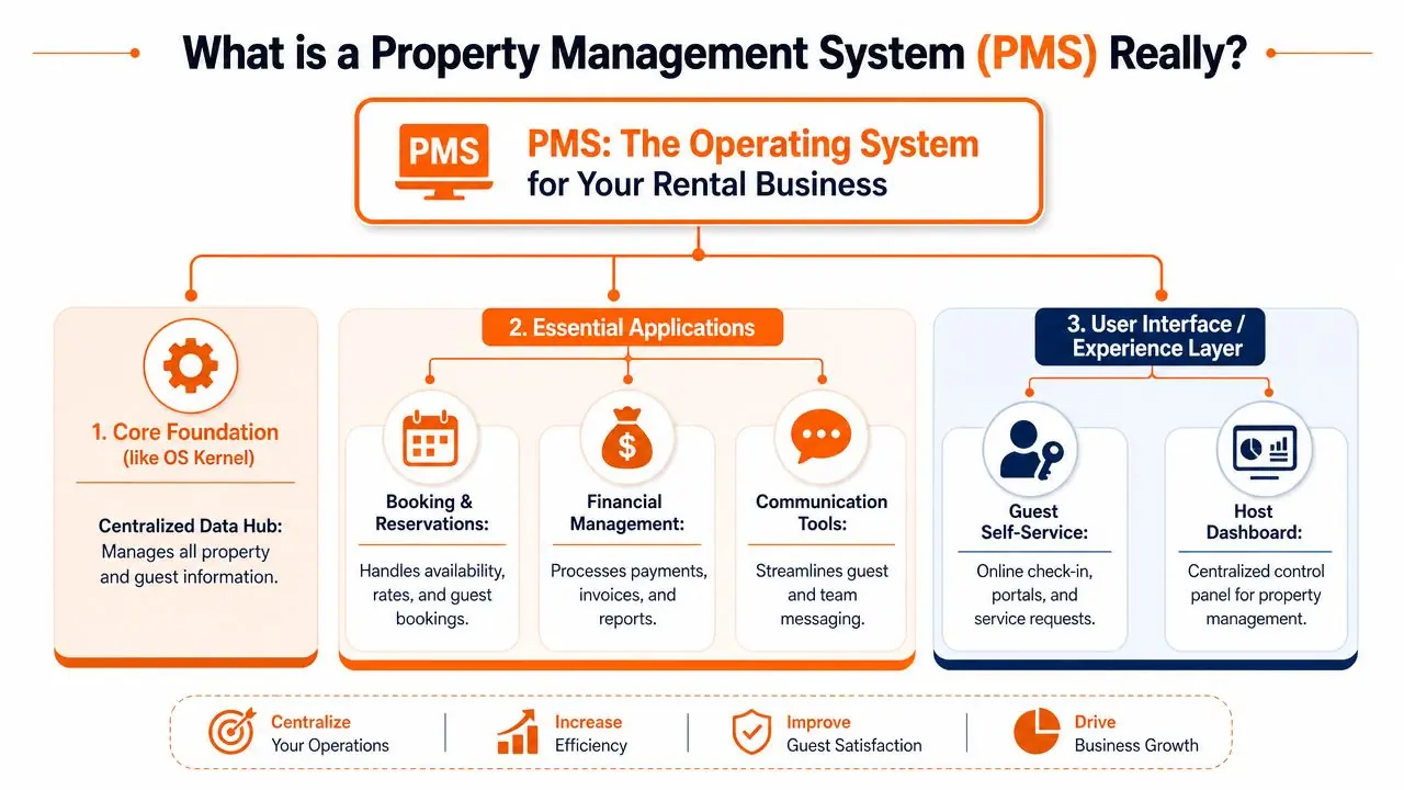 An infographic diagram explaining the core components and benefits of a property management system for rental businesses.