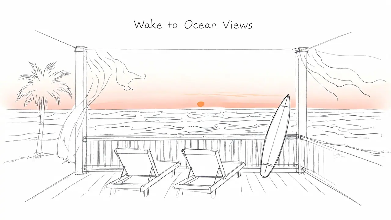 A scenic sketch of a wooden deck overlooking a calm ocean at sunrise with lounge chairs and surfboard.