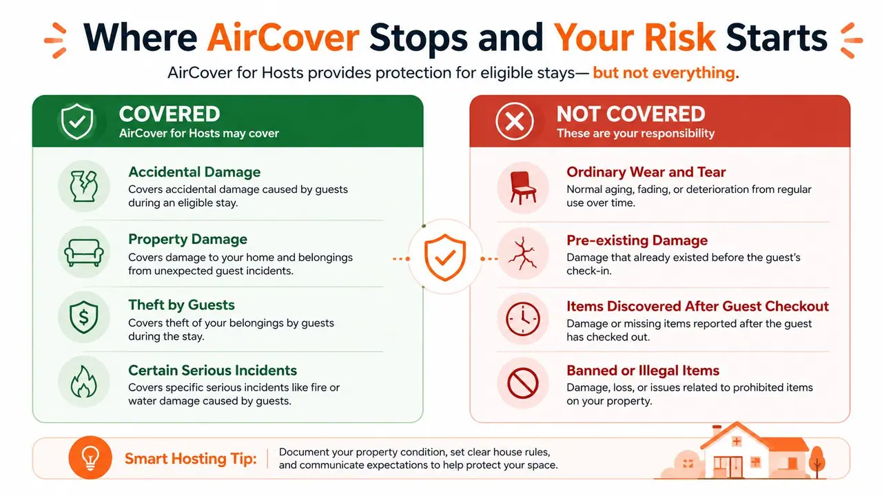 An infographic showing what Airbnb AirCover for hosts covers versus what remains the host's responsibility.