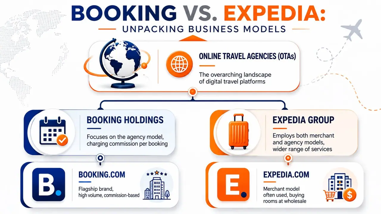 An infographic comparing the business models of Booking Holdings and Expedia Group as major online travel agencies.