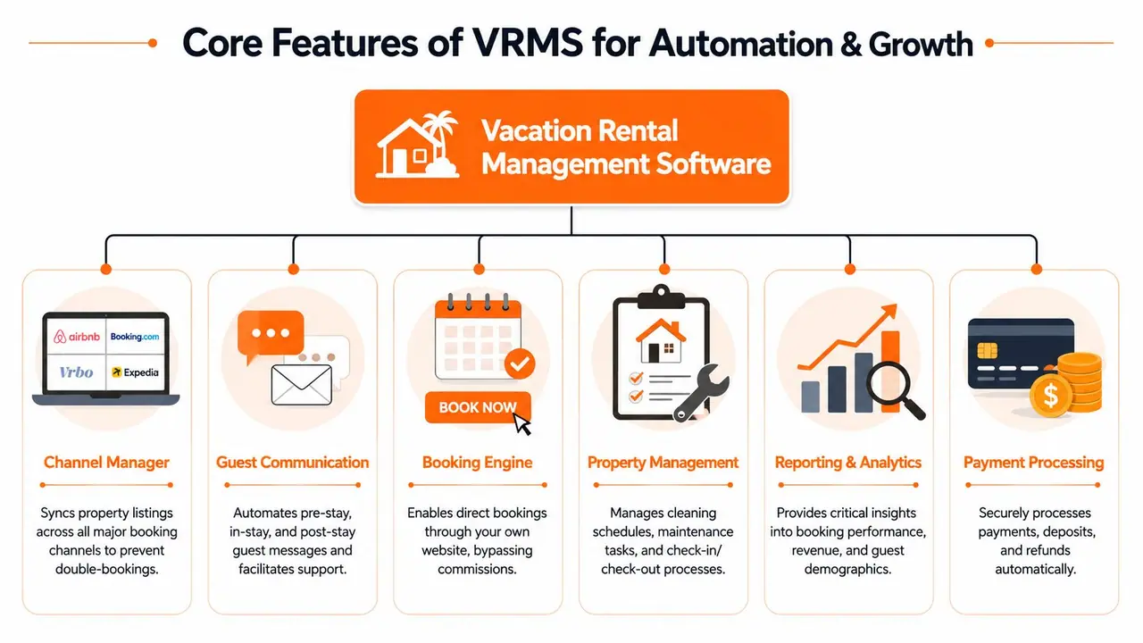 A diagram illustrating the core features of vacation rental management software, including channel management, guest communication, and bookings.