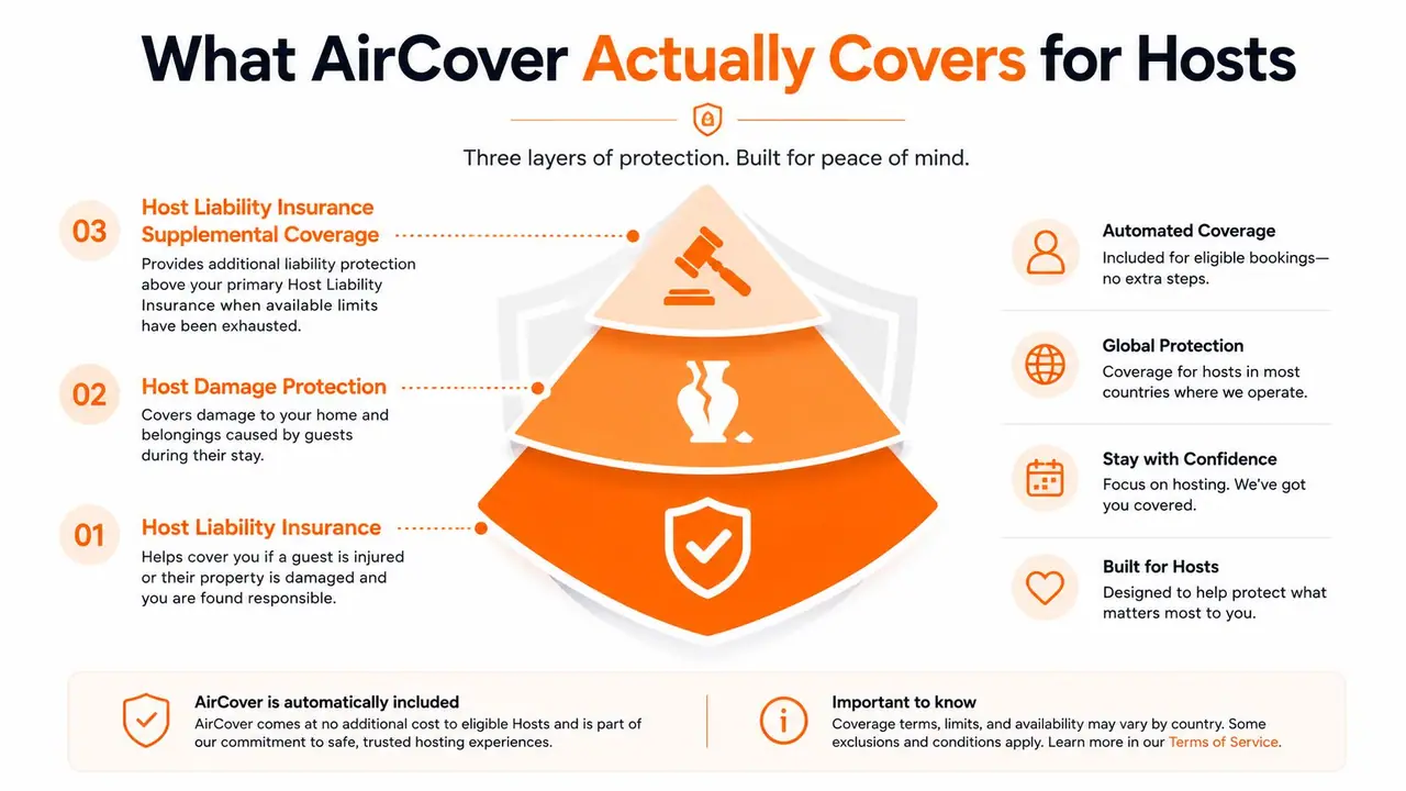 An infographic showing three layers of AirCover protection for Airbnb hosts with liability and damage coverage.