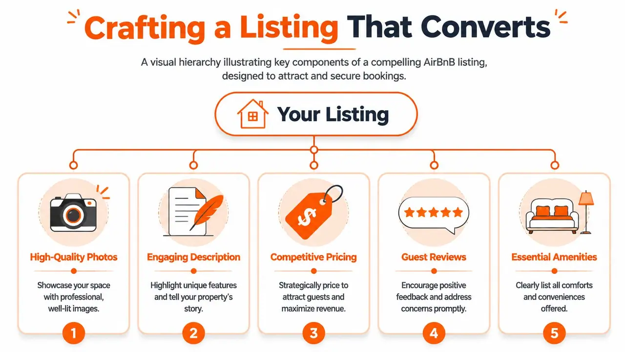An infographic titled Crafting a Listing That Converts, outlining five essential steps for a successful Airbnb listing.
