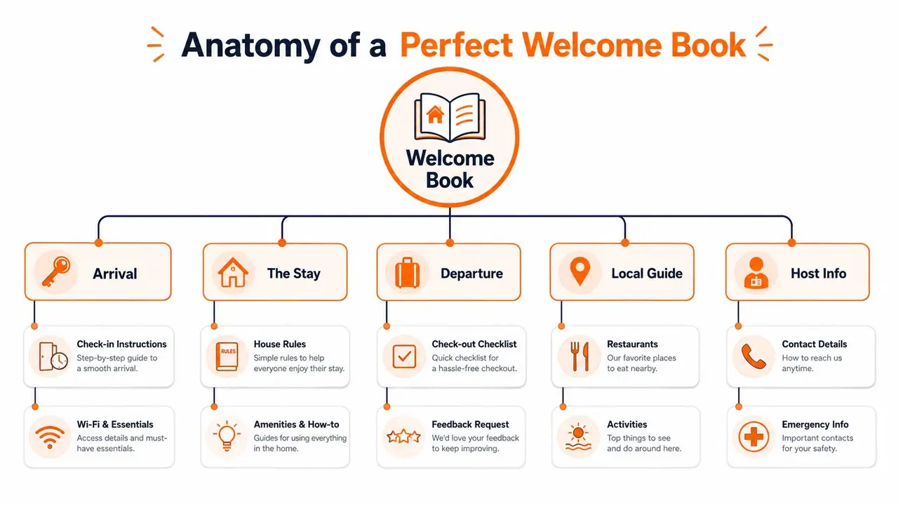 A diagram outlining the essential components of a vacation rental welcome book, including arrival, stay, and departure information.