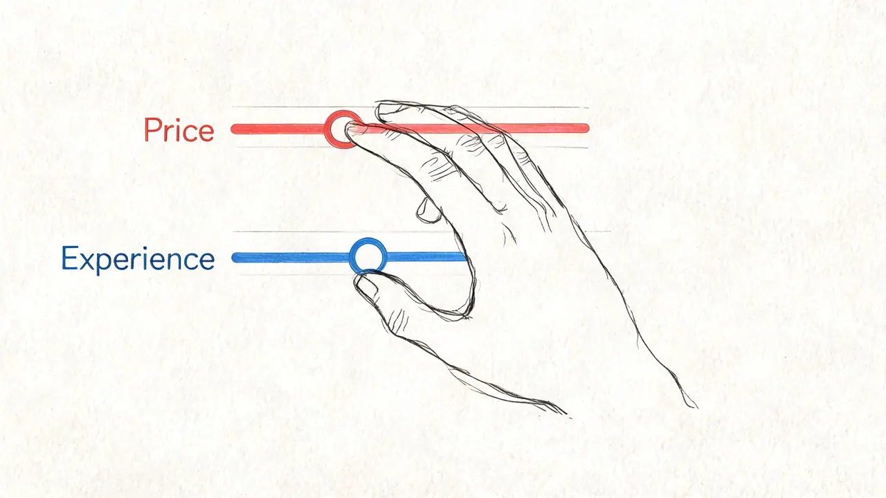 A hand adjusts two sliders labeled Price and Experience on a plain white background illustration.