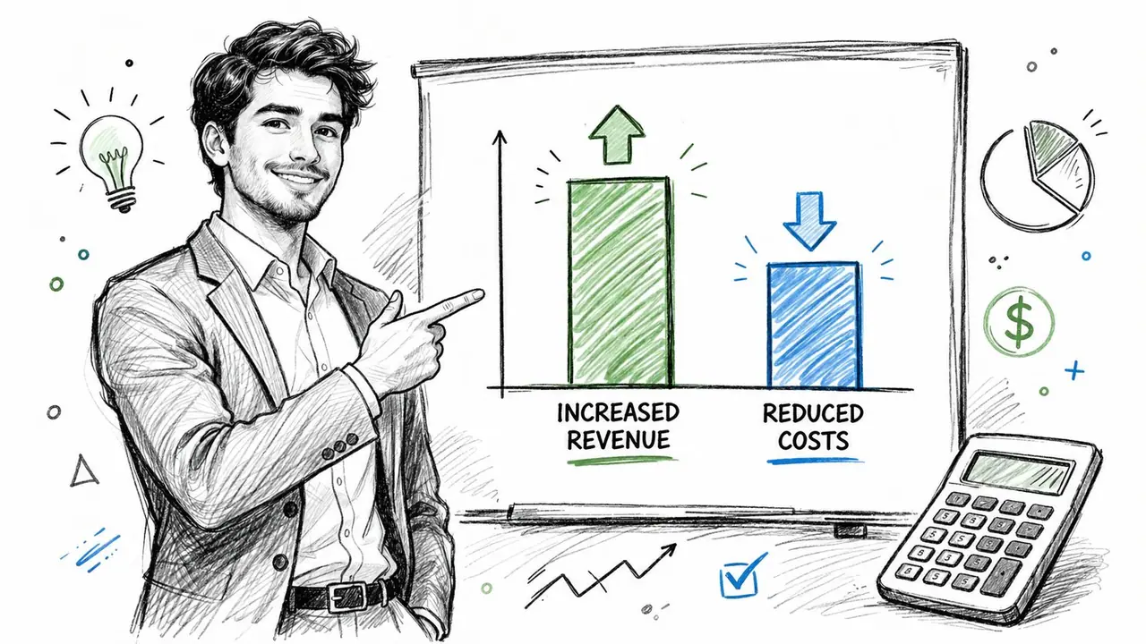 A professional man pointing to a whiteboard graph illustrating increased revenue and reduced business costs.