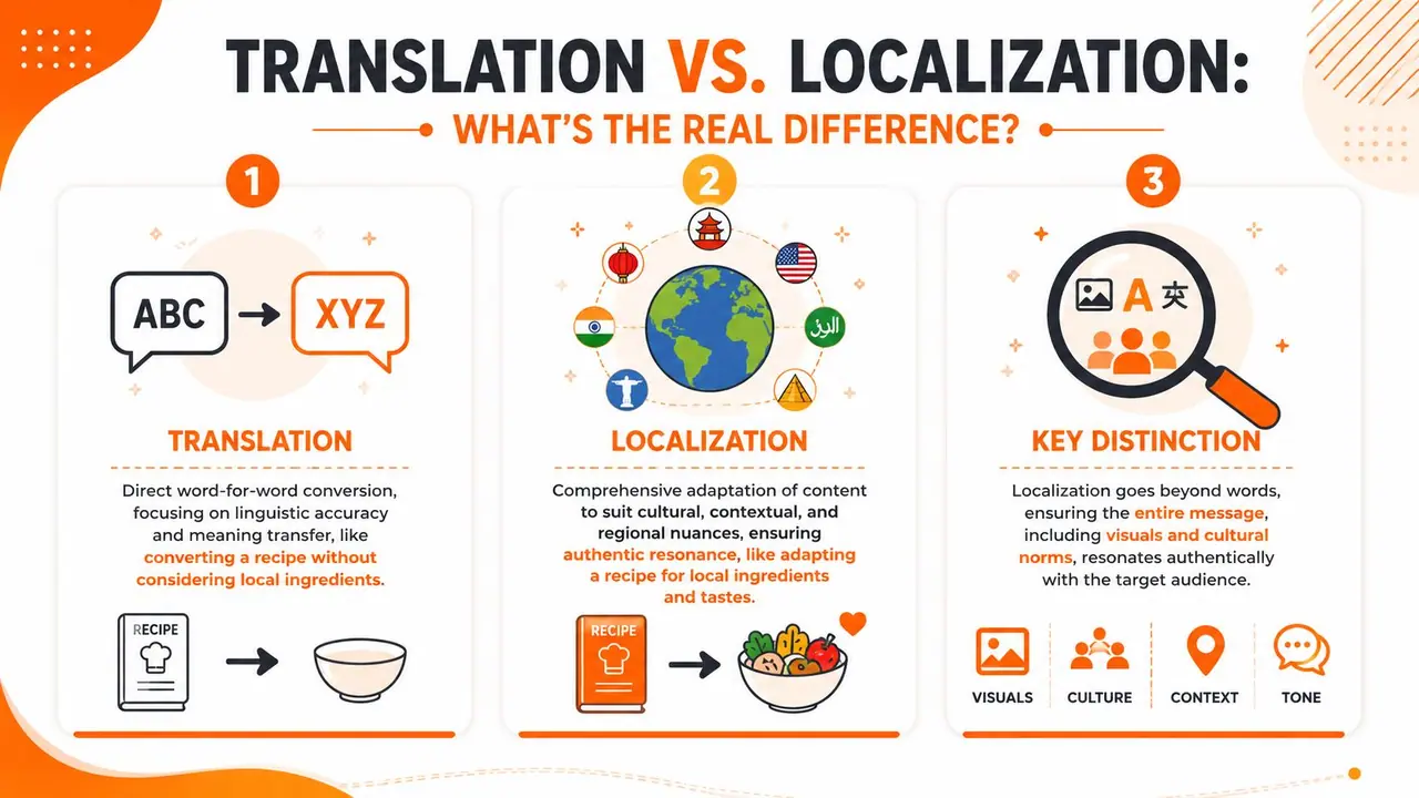 An infographic comparing translation and localization, highlighting their definitions and key differences with illustrations of recipes.