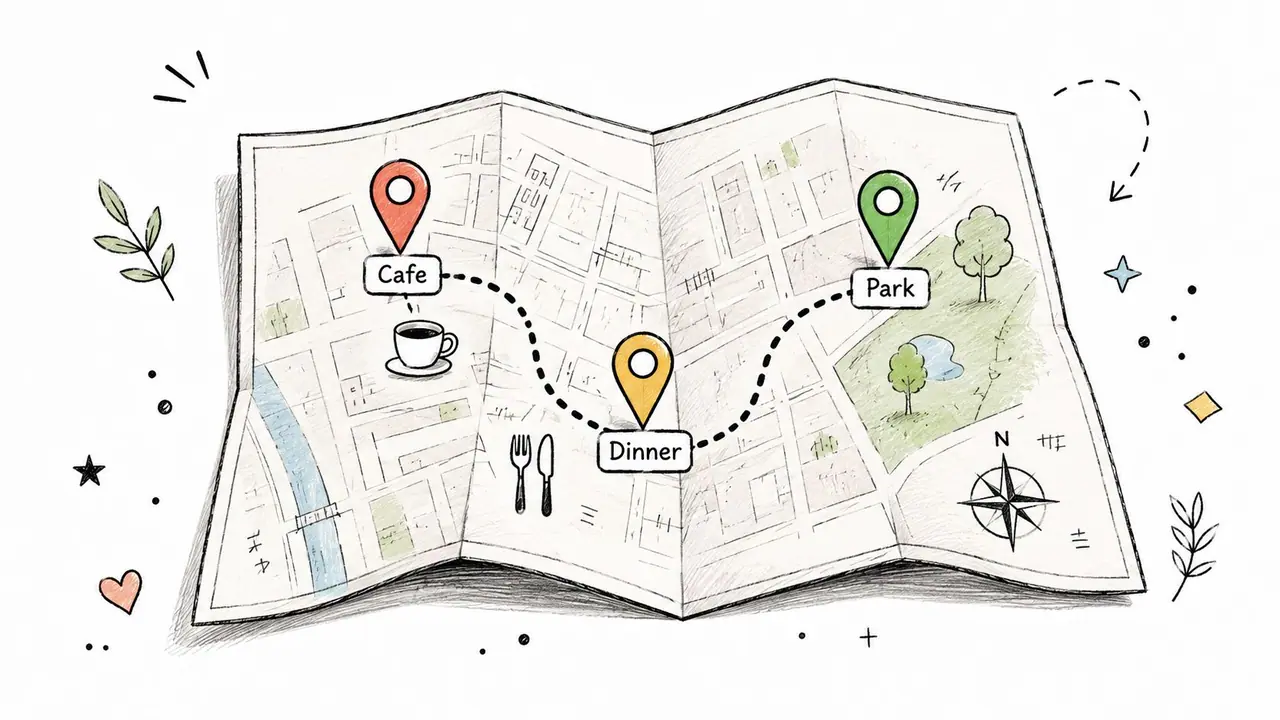 A hand-drawn map illustration showing a route connecting a cafe, a dinner location, and a park.