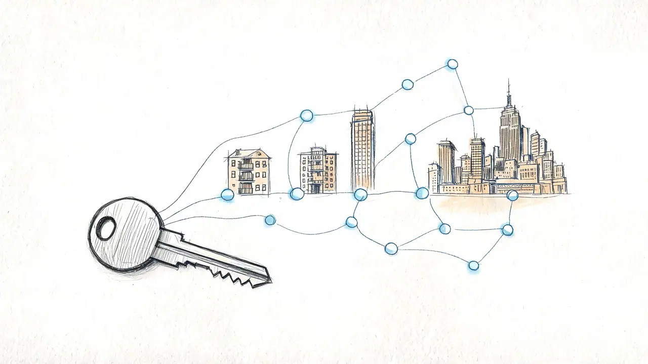 A conceptual sketch showing a key connected to various residential and commercial buildings via a network diagram.