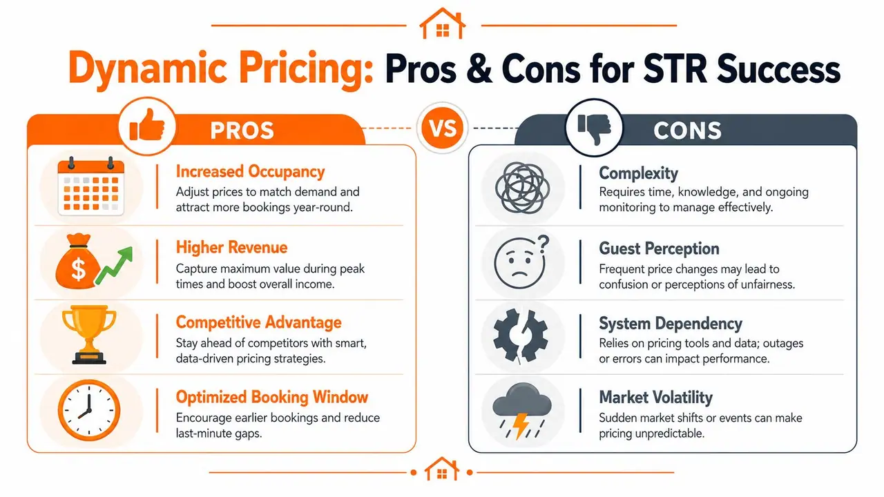 A comparison infographic showing the pros and cons of using dynamic pricing for short-term rental management.