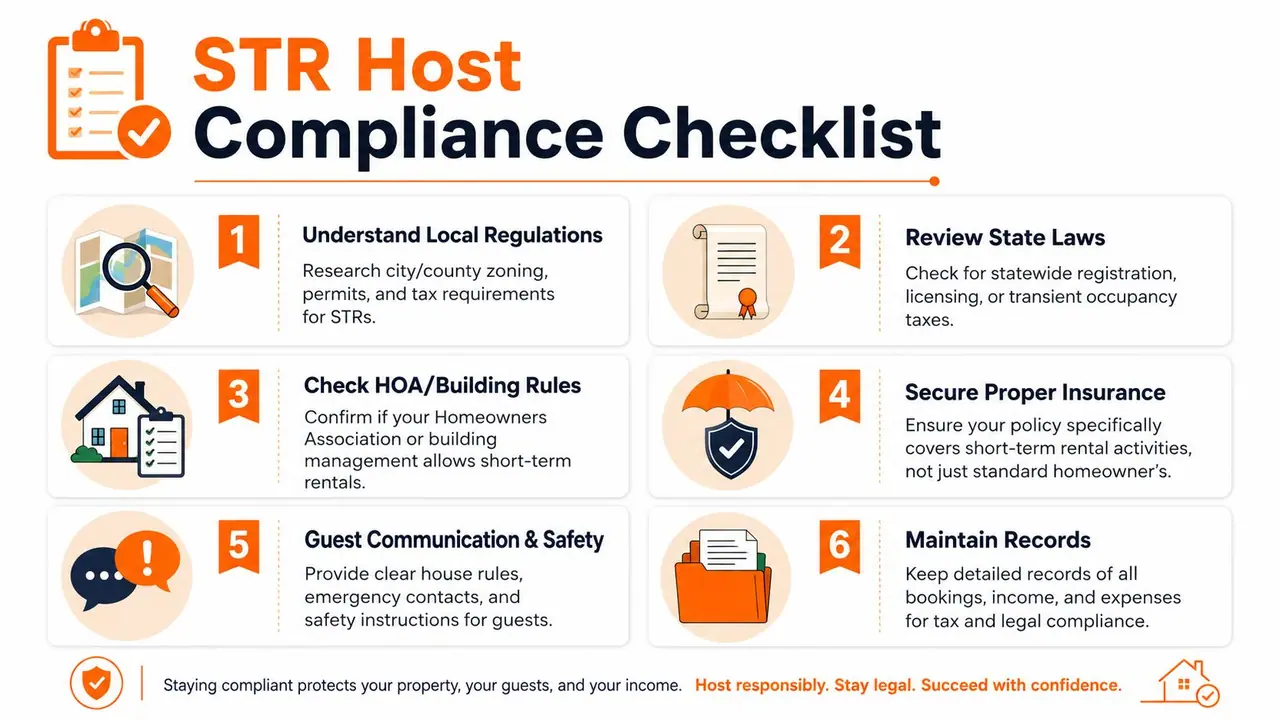 A structured checklist titled STR Host Compliance Checklist outlining six essential steps for legal short-term rental management.