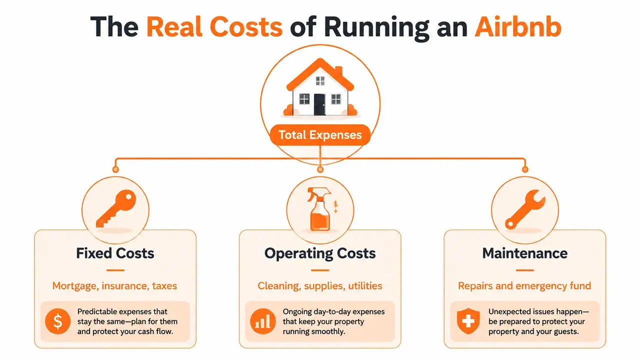 A diagram illustrating the categories of expenses involved in running an Airbnb property, including fixed, operating, and maintenance costs.